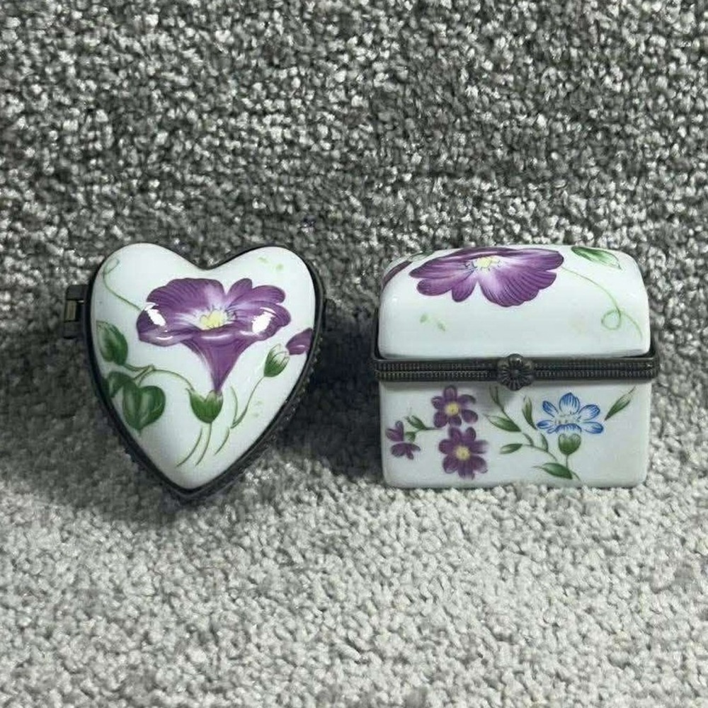 Hinged‎ Trinket Box Set White Purple Floral Heart Rectangle Porcelain